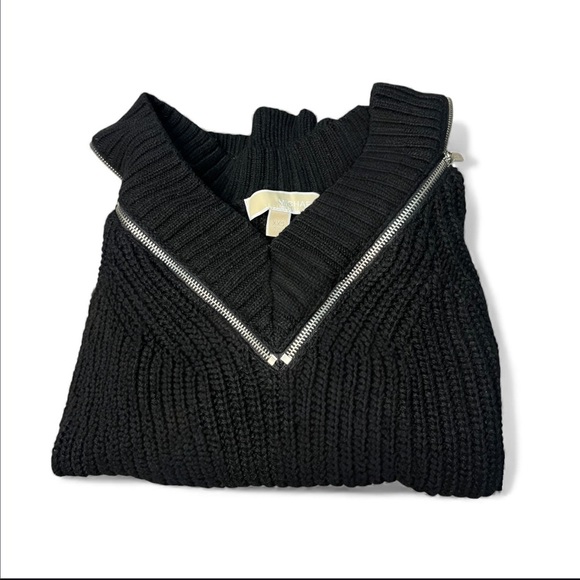 Michael Kors Black Chunky Knit Zip Cold Shoulder Sweater - Picture 3 of 8